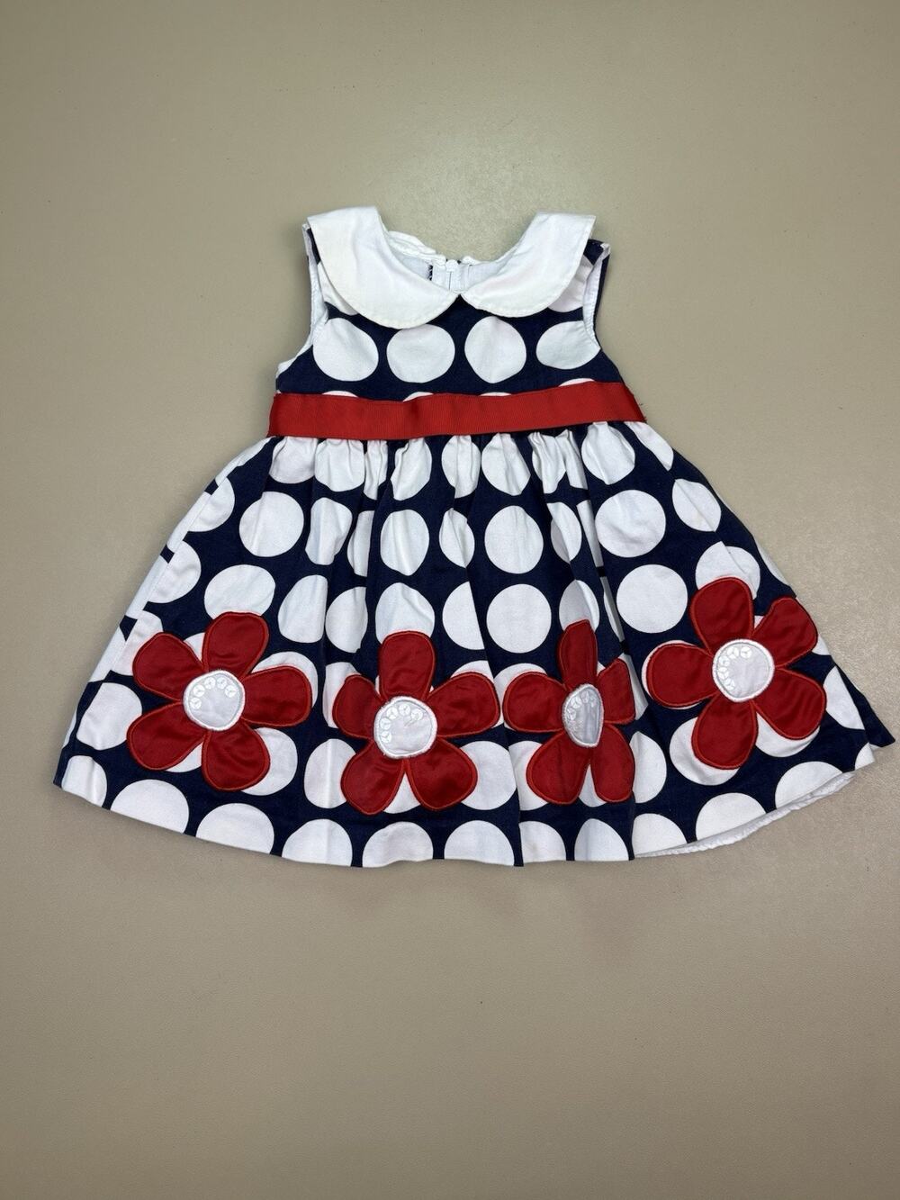 Rare Editions Baby Dress 3-6M Polka Dot Red Flower Bow Navy White Party